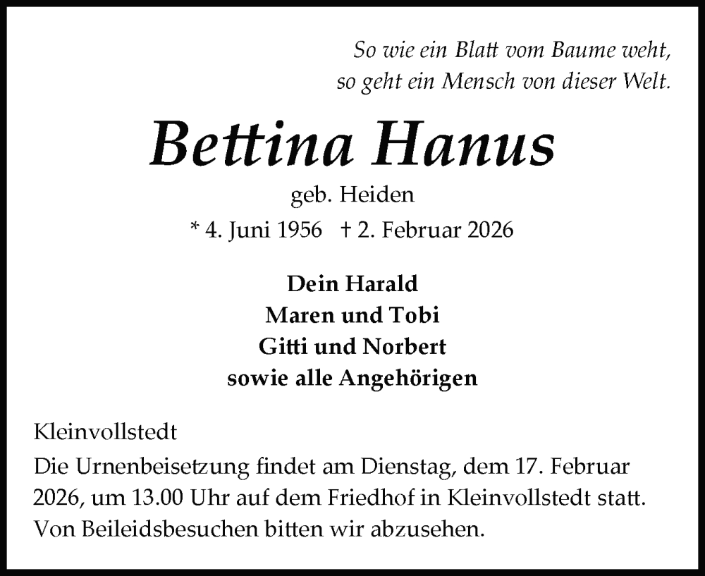  Traueranzeige für Bettina Hanus vom 14.02.2026 aus Schleswig-Holsteinische Landeszeitung