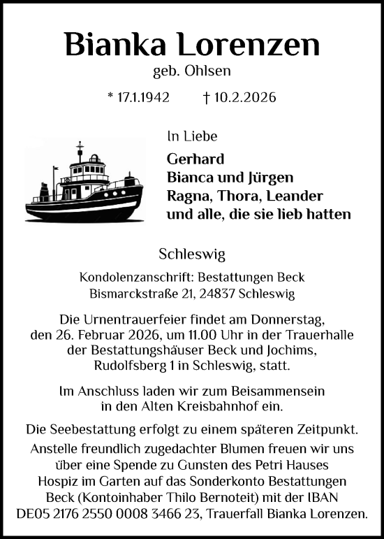 Traueranzeige von Bianka Lorenzen von Schleswiger Nachrichten, Schlei-Bote