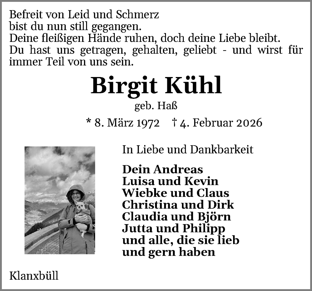  Traueranzeige für Birgit Kühl vom 07.02.2026 aus Sylter Rundschau