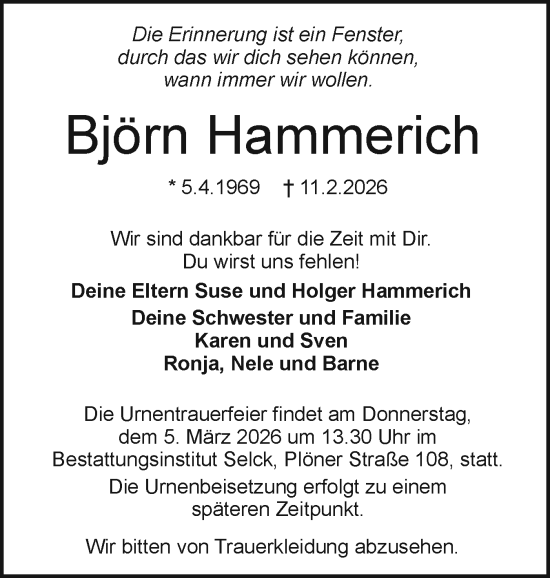 Traueranzeige von Björn Hammerich von Holsteinischer Courier