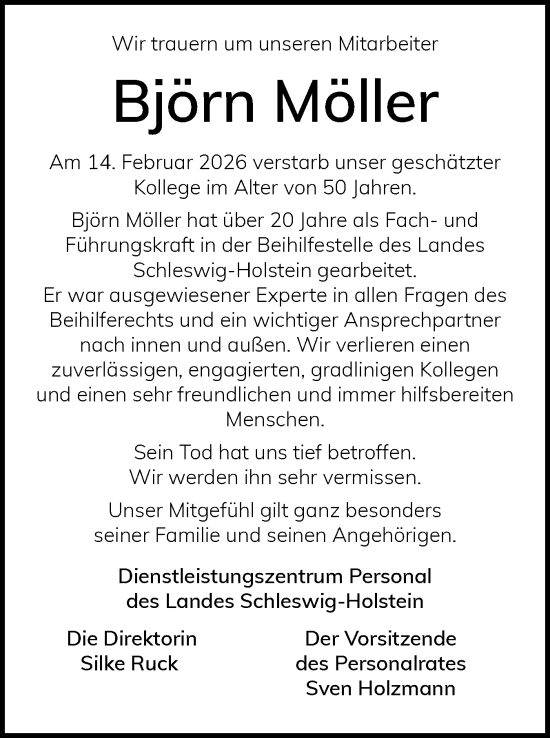 Traueranzeige von Björn Möller von Schleswig-Holsteinische Landeszeitung