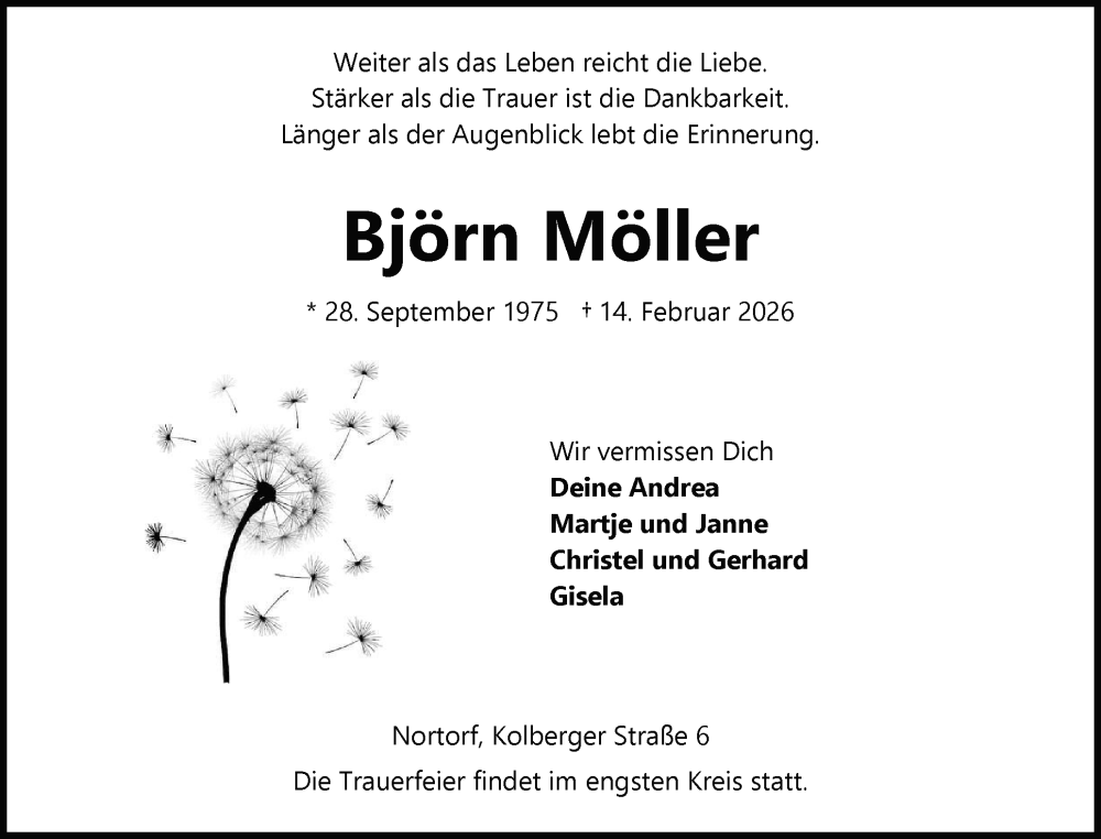  Traueranzeige für Björn Möller vom 21.02.2026 aus Schleswig-Holsteinische Landeszeitung