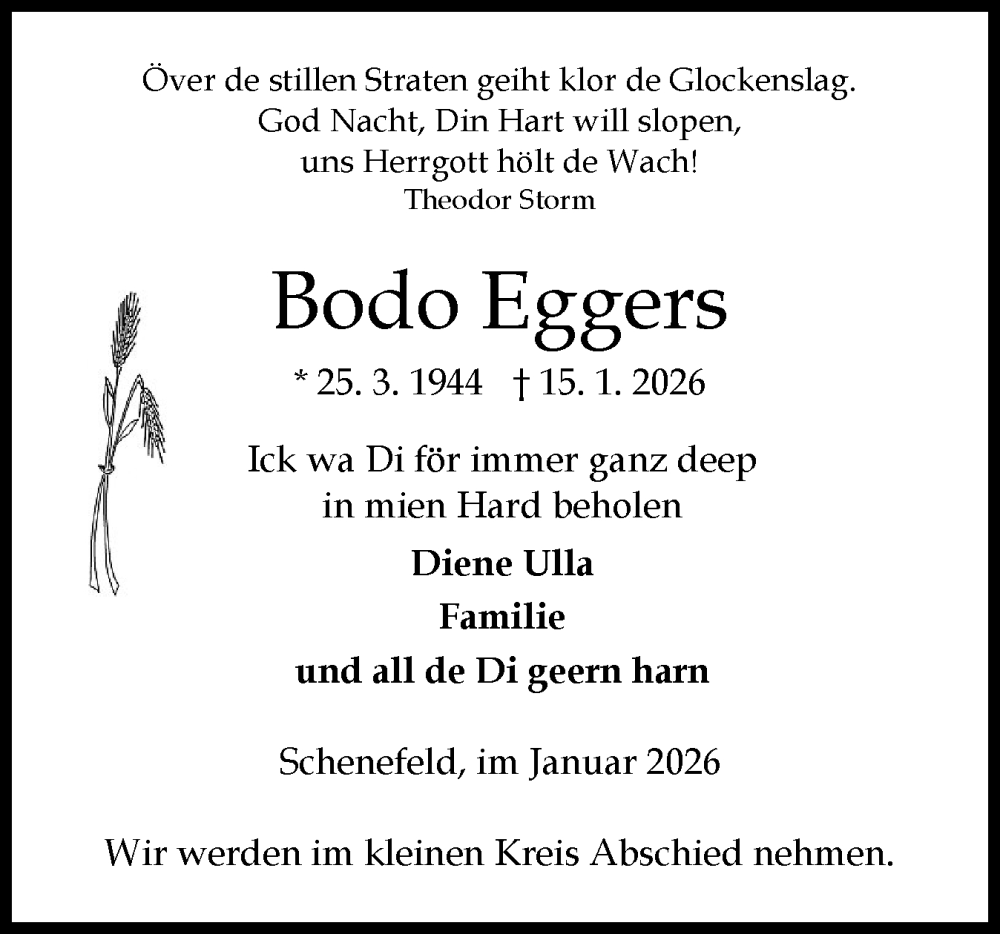  Traueranzeige für Bodo Eggers vom 24.01.2026 aus Norddeutsche Rundschau, Wilstersche Zeitung, Glückstädter Fortuna