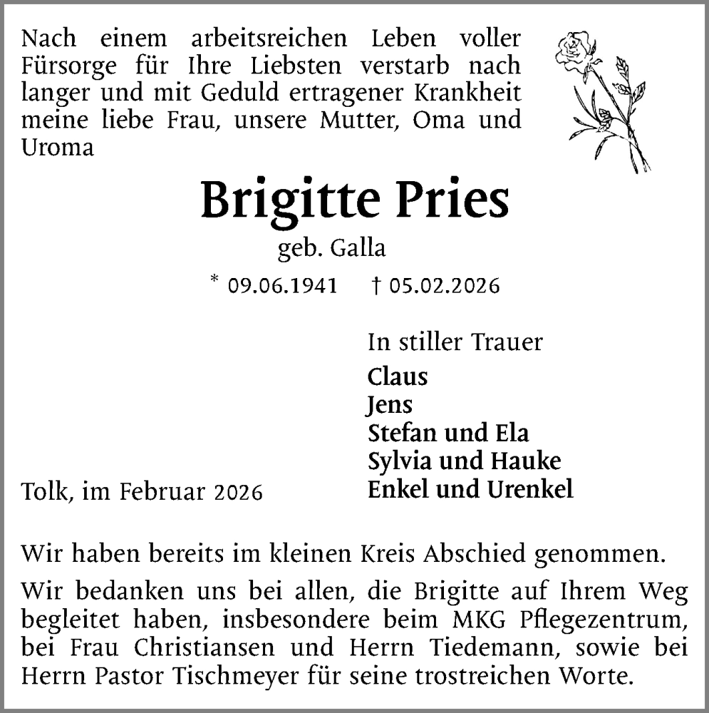  Traueranzeige für Brigitte Pries vom 21.02.2026 aus Schleswiger Nachrichten, Schlei-Bote
