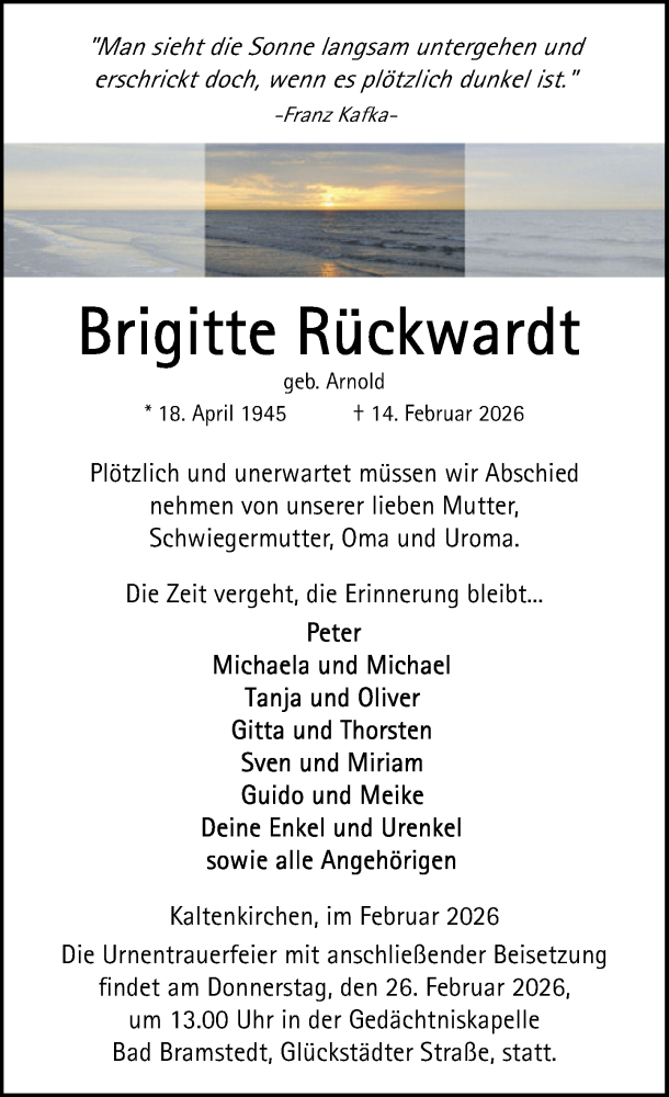 Traueranzeige für Brigitte Rückwardt vom 21.02.2026 aus Umschau