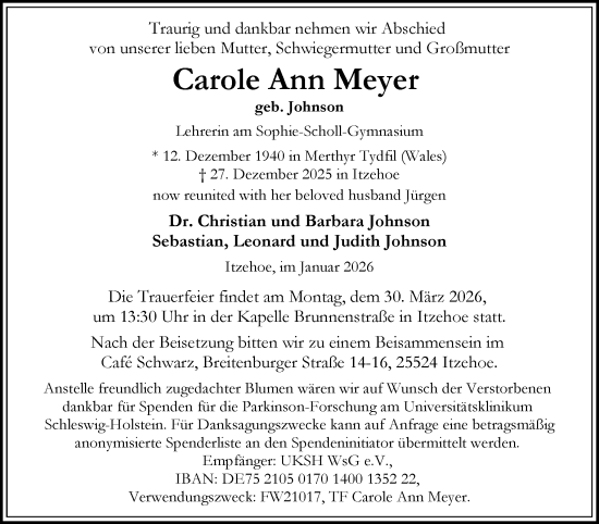 Traueranzeige von Carole Ann Meyer von Norddeutsche Rundschau, Wilstersche Zeitung, Glückstädter Fortuna