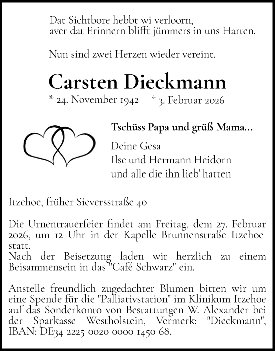 Traueranzeige von Carsten Dieckmann von Norddeutsche Rundschau, Wilstersche Zeitung, Glückstädter Fortuna