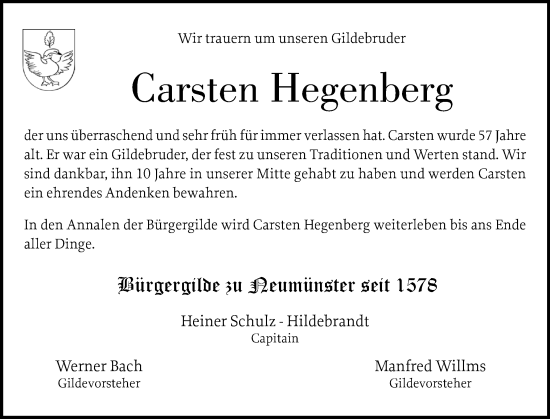 Traueranzeige von Carsten Hegenberg von Holsteinischer Courier