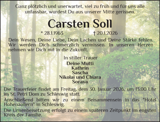Traueranzeige von Carsten Soll von Flensburger Tageblatt, Schleswiger Nachrichten, Schlei-Bote