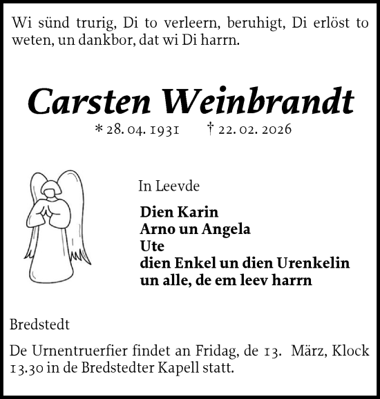 Traueranzeige von Carsten Weinbrandt von Husumer Nachrichten, Nordfriesland Tageblatt