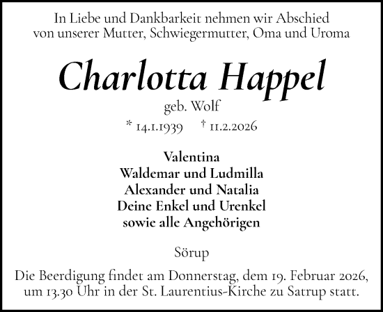 Traueranzeige von Charlotta Happel von Flensburger Tageblatt