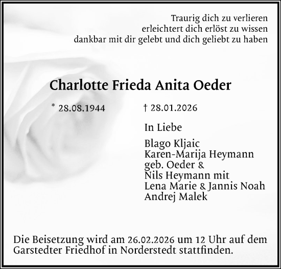 Traueranzeige von Charlotte Frieda Anita Oeder von Wedel-Schulauer Tageblatt, tip Wedel-Schulauer Tageblatt, tip Rissener Rundschau