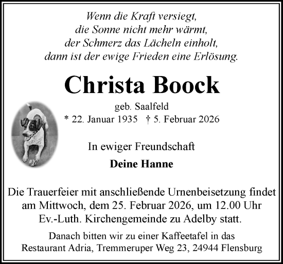 Traueranzeige von Christa Boock von Flensburger Tageblatt