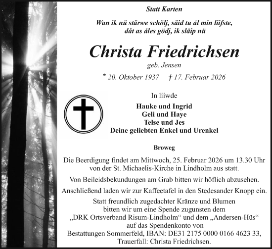 Traueranzeige von Christa Friedrichsen von Husumer Nachrichten, Nordfriesland Tageblatt