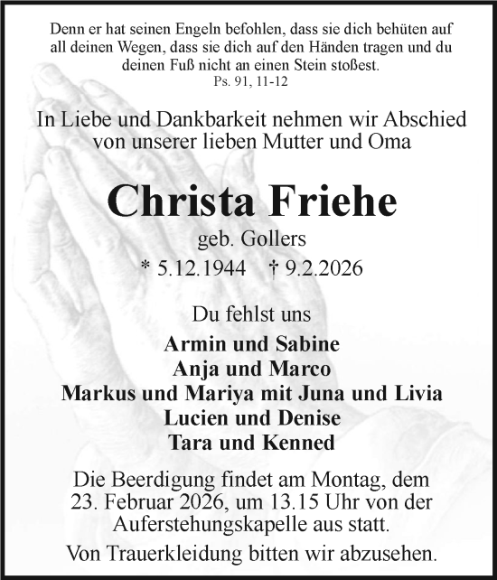 Traueranzeige von Christa Friehe von Holsteinischer Courier