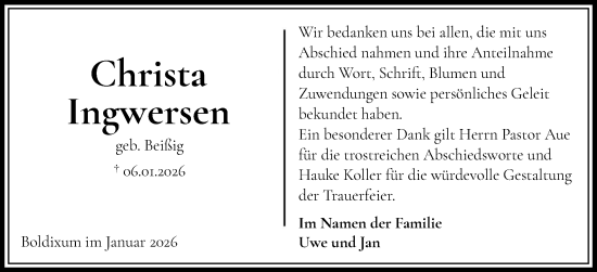Traueranzeige von Christa Ingwersen von Der Insel-Bote