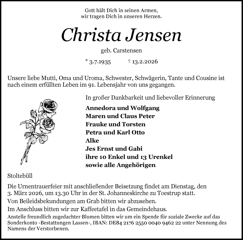  Traueranzeige für Christa Jensen vom 21.02.2026 aus Flensburger Tageblatt, Schleswiger Nachrichten, Schlei-Bote