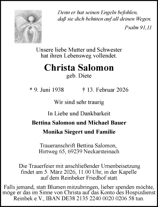 Traueranzeige von Christa Salomon von MARKT Glinde/Reinbek