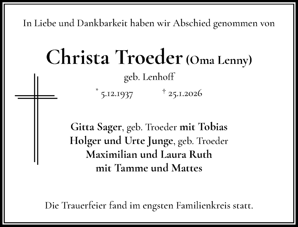  Traueranzeige für Christa Troeder vom 14.02.2026 aus MARKT Ratzeburg/Mölln