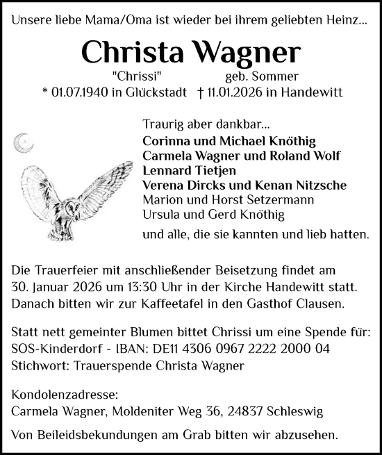 Traueranzeige von Christa Wagner von Flensburger Tageblatt, Schleswiger Nachrichten, Schlei-Bote