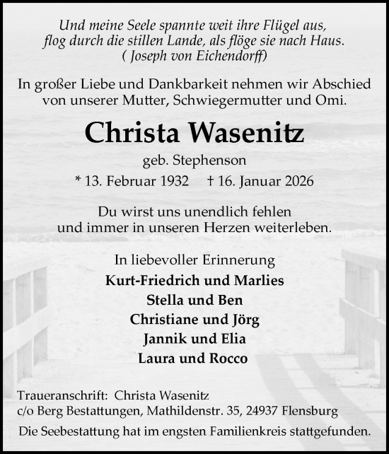 Traueranzeige von Christa Wasenitz von Flensburger Tageblatt