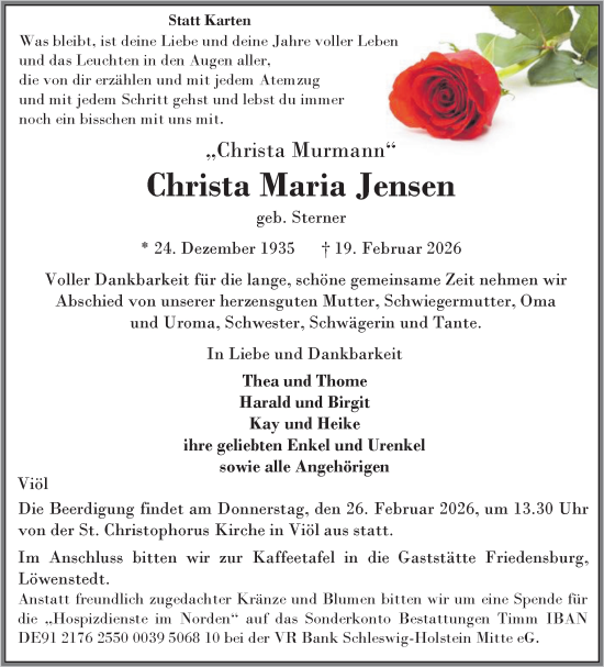 Traueranzeige von Christa Maria Jensen von Region Flensburg