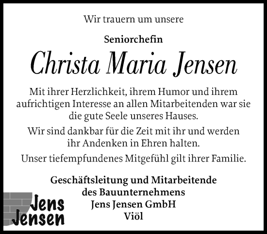Traueranzeige von Christa Maria Jensen von Husumer Nachrichten, Nordfriesland Tageblatt