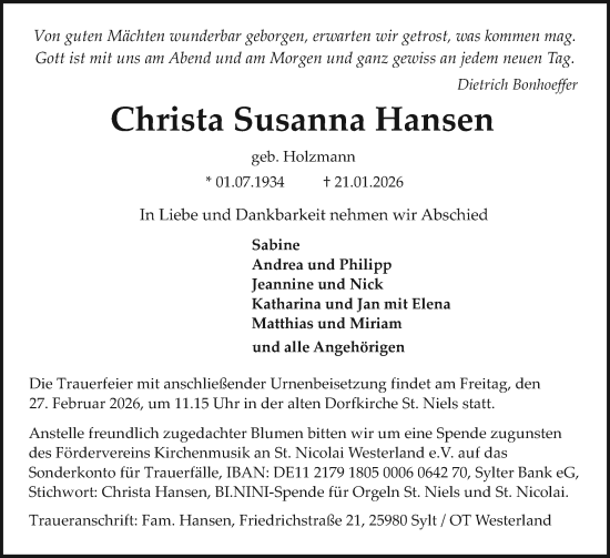 Traueranzeige von Christa Susanna Hansen von Sylter Rundschau