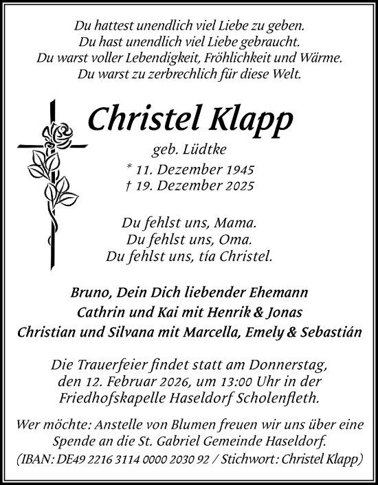 Traueranzeige von Christel Klapp von Uetersener Nachrichten, Der tip am Wochenende