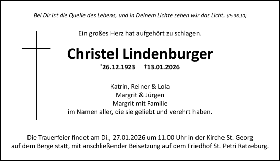 Traueranzeige von Christel Lindenburger von MARKT Ratzeburg/Mölln