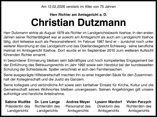 Traueranzeige von Christian Dutzmann von Norddeutsche Rundschau, Wilstersche Zeitung, Glückstädter Fortuna