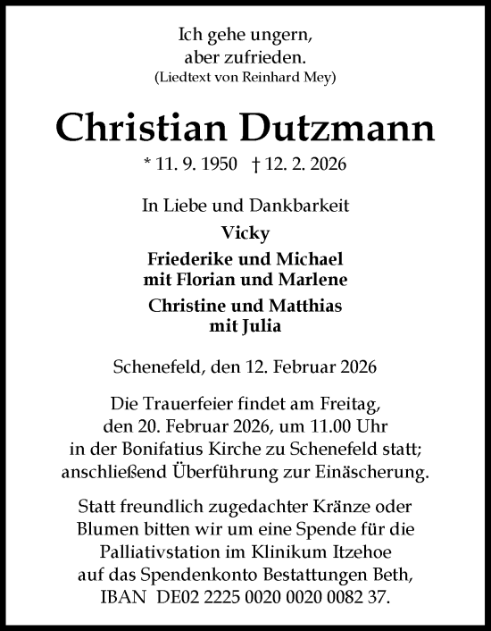 Traueranzeige von Christian Dutzmann von Norddeutsche Rundschau, Wilstersche Zeitung, Glückstädter Fortuna