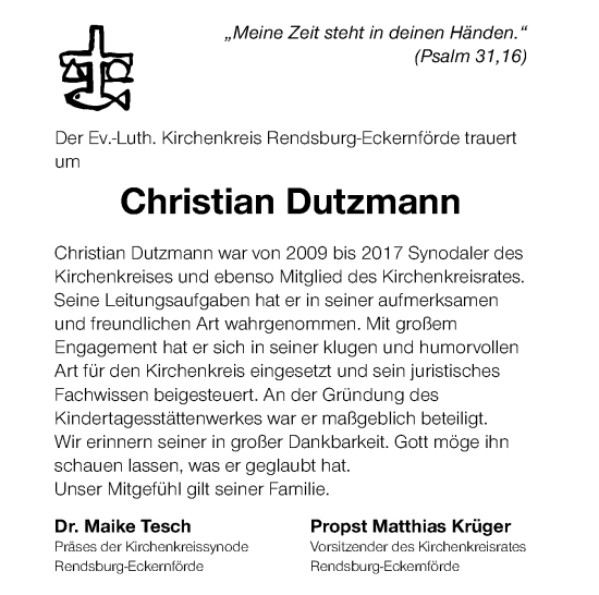 Traueranzeige von Christian Dutzmann von Norddeutsche Rundschau, Wilstersche Zeitung, Glückstädter Fortuna