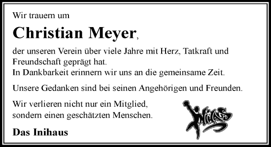 Traueranzeige von Christian Meyer von MARKT Bad Oldesloe/Reinfeld und Stormarner Tageblatt