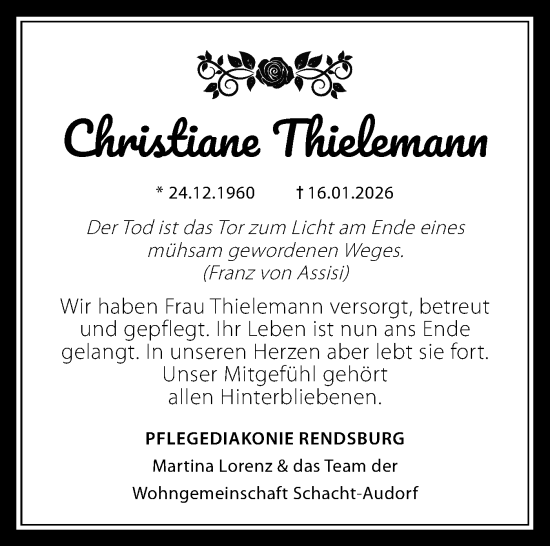 Traueranzeige von Christiane Thielemann von Schleswig-Holsteinische Landeszeitung