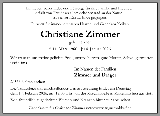 Traueranzeige von Christiane Zimmer von Umschau