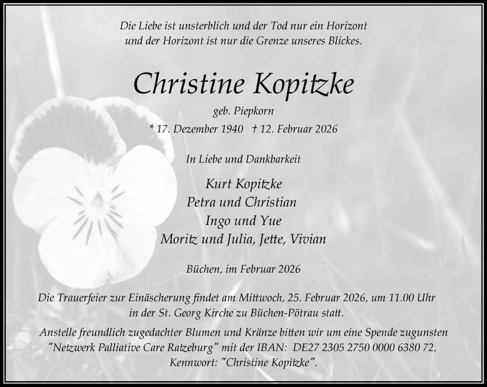  Traueranzeige für Christine Kopitzke vom 21.02.2026 aus Wochenend Anzeiger