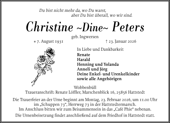 Traueranzeige von Christine Peters von Husumer Nachrichten, Nordfriesland Tageblatt