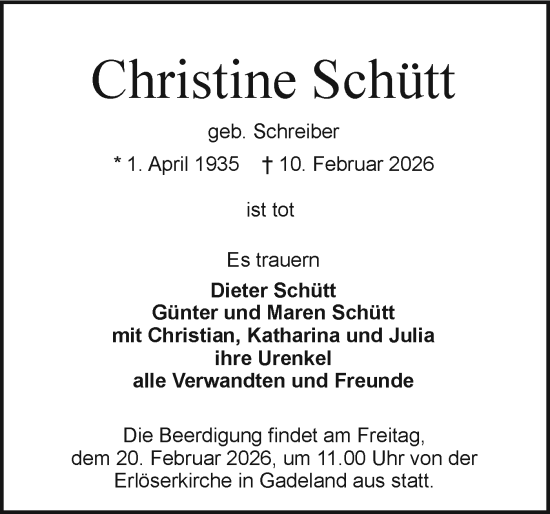 Traueranzeige von Christine Schütt von Holsteinischer Courier