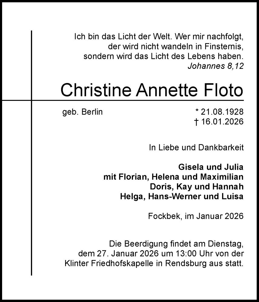  Traueranzeige für Christine Annette Floto vom 24.01.2026 aus Schleswig-Holsteinische Landeszeitung