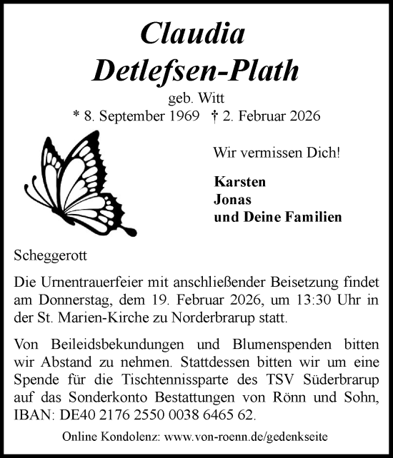 Traueranzeige von Claudia Detlefsen-Plath von Schleswiger Nachrichten, Schlei-Bote