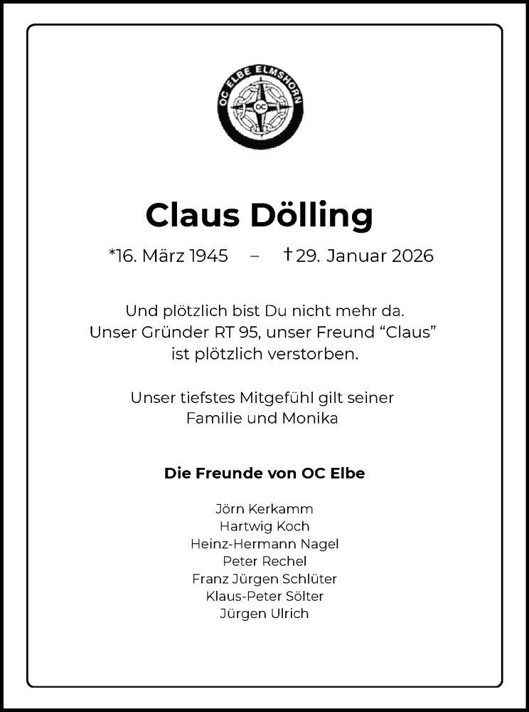  Traueranzeige für Claus Dölling vom 14.02.2026 aus Elmshorner Nachrichten, Barmstedter Zeitung