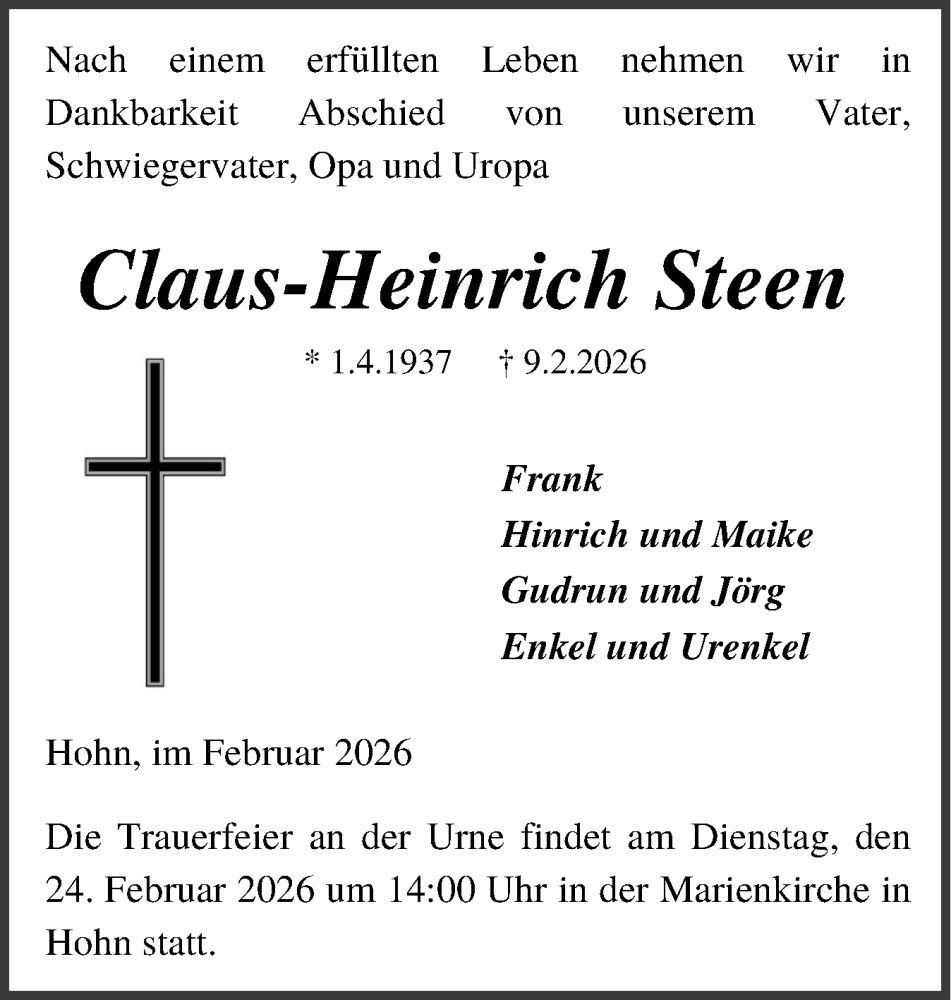  Traueranzeige für Claus-Heinrich Steen vom 14.02.2026 aus Schleswig-Holsteinische Landeszeitung