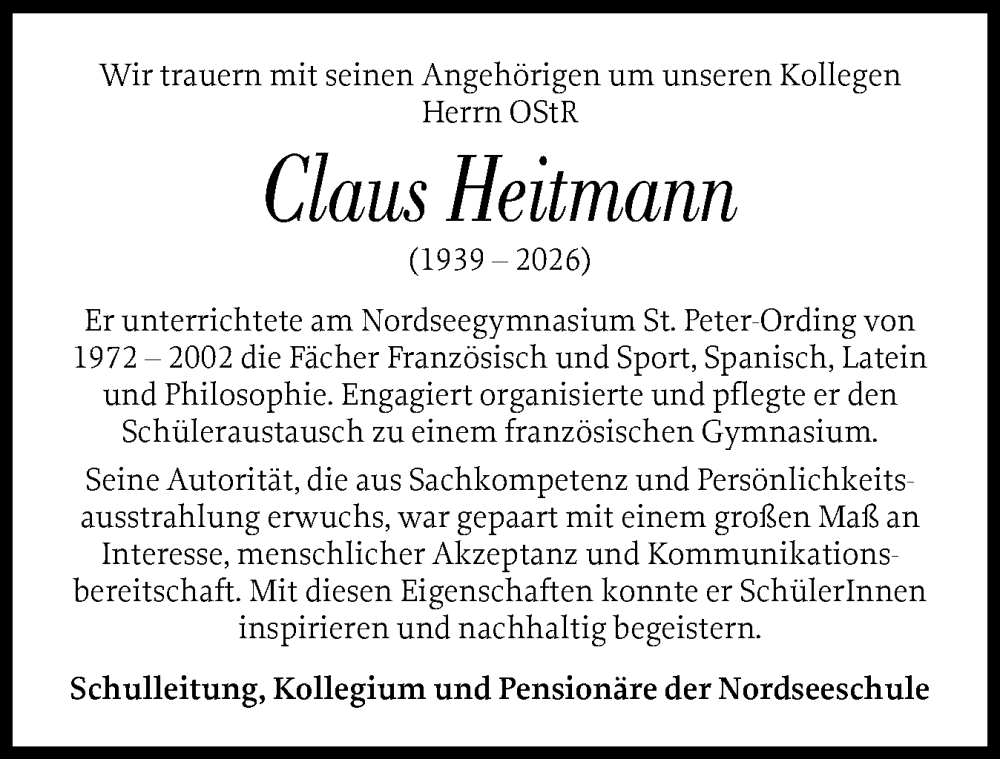  Traueranzeige für Claus Heitmann vom 04.02.2026 aus Husumer Nachrichten, Nordfriesland Tageblatt