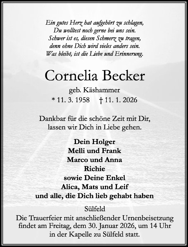  Traueranzeige für Cornelia Becker vom 24.01.2026 aus MARKT Ahrensburg/Bargteheide/Trittau und Stormarner Tageblatt