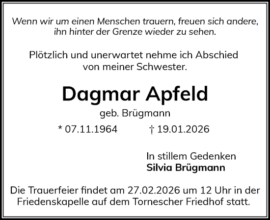 Traueranzeige von Dagmar Apfeld von Uetersener Nachrichten, Der tip am Wochenende
