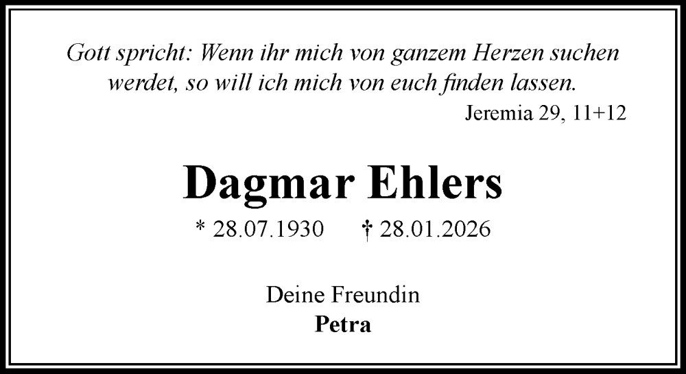  Traueranzeige für Dagmar Ehlers vom 14.02.2026 aus Heimatspiegel