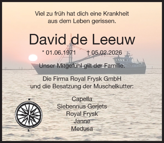 Traueranzeige von David de Leeuw von Husumer Nachrichten, Nordfriesland Tageblatt