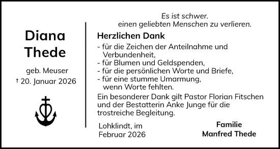 Traueranzeige von Diana Thede von Schleswig-Holsteinische Landeszeitung