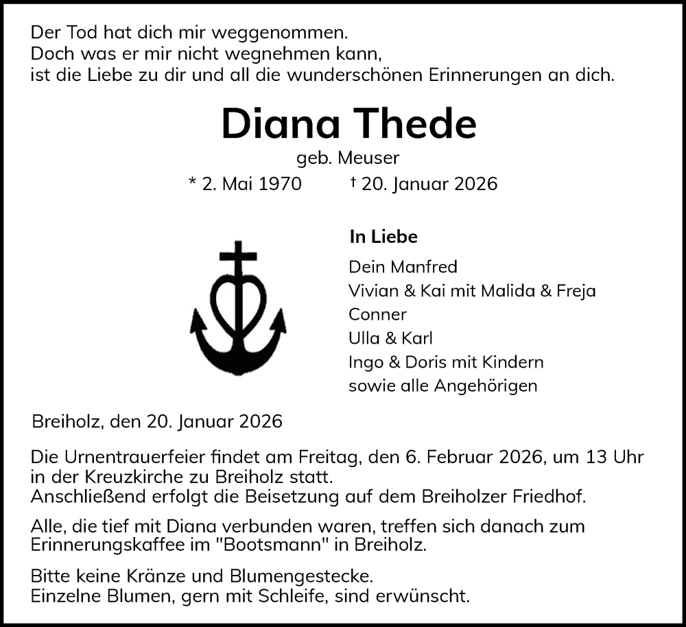  Traueranzeige für Diana Thede vom 24.01.2026 aus Schleswig-Holsteinische Landeszeitung
